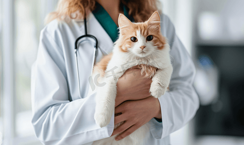 女性宠物医生抱着布偶猫咪