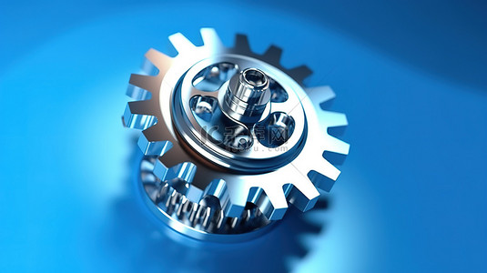 蓝色背景上银色齿轮的 3D 渲染，用于科技主题图像