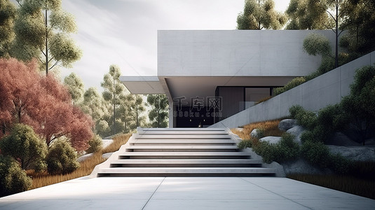 简约的房子，配有宁静的景观走道和楼梯 3D 渲染