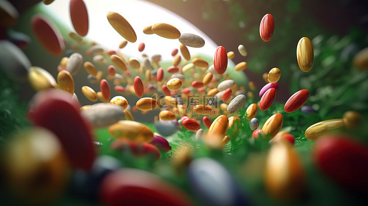 南瓜创意美食背景图片_新鲜蔬菜从药丸中爆裂 3d 渲染