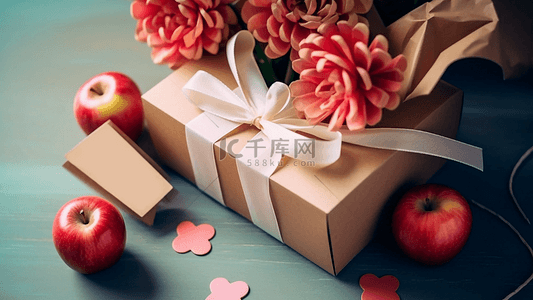教师节鲜花礼物盒红苹果背景