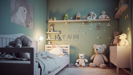3D 渲染儿童卧室中的大型毛绒玩具
