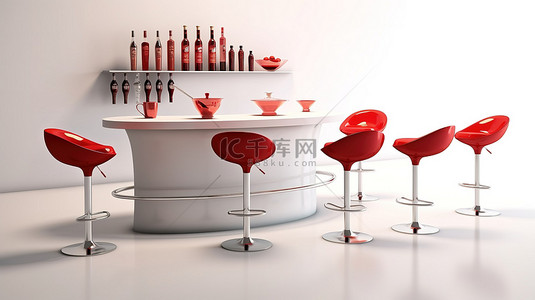 现代酒吧凳子毗邻桌子，桌子上放着 3D 白色背景的充满活力的红色热带鸡尾酒