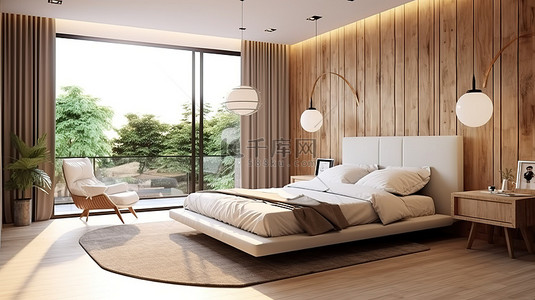 酒店背景图片_自然风格的现代卧室内饰的 3D 渲染