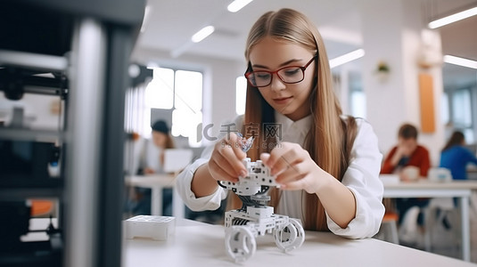 学习背景图片_女教师在现代学校的工程和机器人课上展示 3D 打印机，前视图肖像，有笔记空间