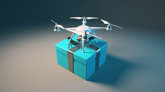 一个飞行的礼品盒 3d 渲染图像，以无人机作为交付工具