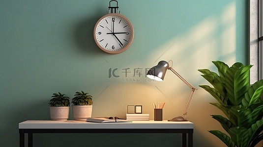 绿色电脑桌面背景图片_现代工作空间，配有充满活力的墙壁艺术盆栽植物笔记本电脑台灯和时钟逼真的 3D 渲染