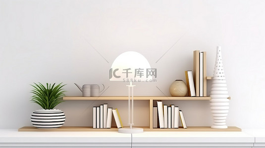 白色木桌的简约工作站 3D 渲染，白色书架上有植物和灯
