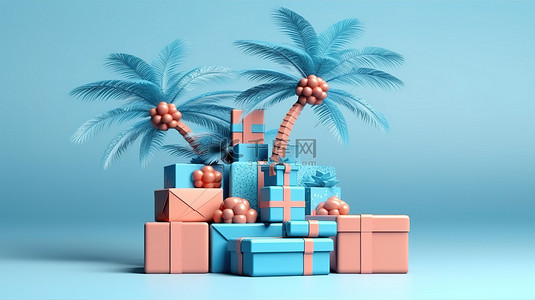作文背景图片_喜庆的 3D 蓝色讲台，上面有抽象棕榈树礼盒，并祝愿圣诞快乐和新年快乐