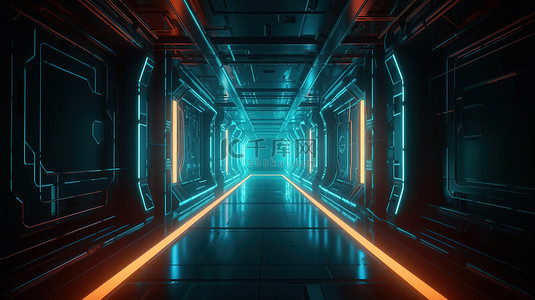霓虹灯矩形在 3D 渲染中飞过科幻走廊的未来派插图