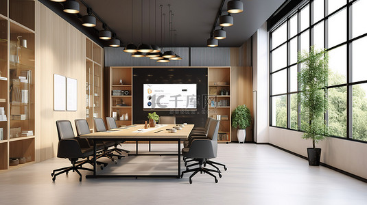 家具空间背景图片_现代办公室 3D 室内渲染中配有铺有地毯的地板书柜和投影仪屏幕的现代会议空间