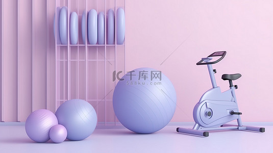 漂亮的装饰品背景图片_时尚场景柔和的紫色和蓝色健身球重量和健身自行车的 3D 渲染
