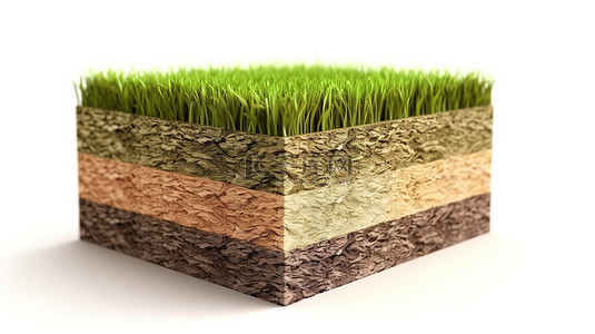 土层 3D 渲染绿草广场，空间空旷，白色隔离表面