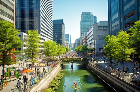 蚂蚁过河背景图片_一条城市街道，人们在装饰过的运河附近行走