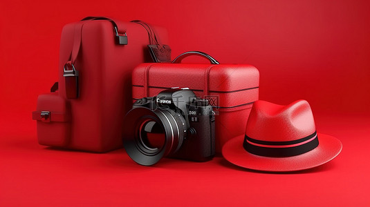 3d 概念行李相机中的红色旅行必需品和白色空间充满活力的背景中的帽子