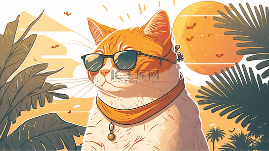 夏天在户外绿色植物下戴着墨镜的橘色猫咪