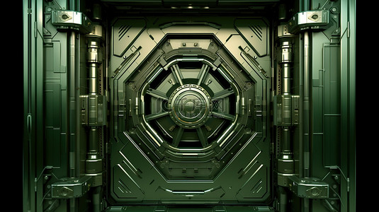 绿色科幻的背景背景图片_用于宇宙飞船装置和未来研究中心的军用绿色科幻门的孤立 3D 渲染