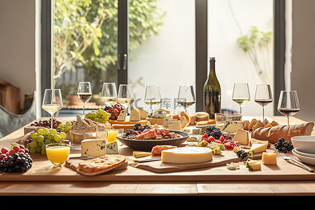 一张大桌子，上面有各种食物和酒