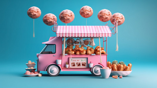 色彩缤纷的亚洲街头食品车，提供令人垂涎欲滴的肉丸面，座位安排采用双色调效果，与通过 3D 渲染创建的蓝色背景相呼应