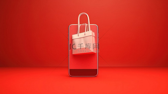 概念网上购物红色背景与智能手机上的 3D 渲染购物袋