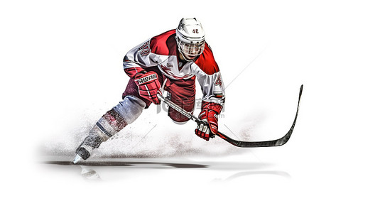 白色背景背景图片_男性曲棍球运动员在白色背景上进行 3D 渲染
