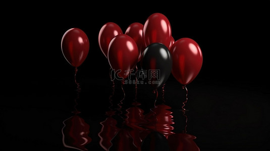 怪诞的万圣节对象概念红色气球悬浮在黑色背景下的 3D 渲染中