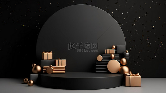 黑色圣诞背景背景图片_黑色圣诞背景与讲台，用于在 3D 渲染中展示产品