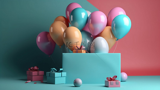 背景中带有蝴蝶结的气球和礼品盒的逼真 3D 渲染