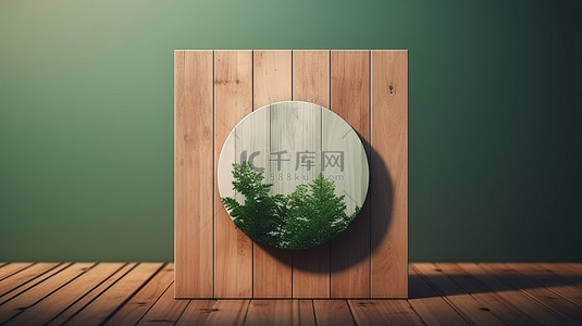 海报木质背景背景图片_光滑的墙壁标志样机在木质背景下，树木茂盛，阴影效果 3D 渲染