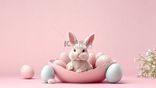 复活节快乐可爱的 3D 兔子和鸡蛋在柔和的粉红色背景上