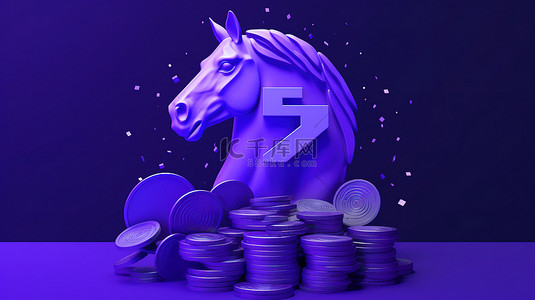金马背景图片_独立的紫色背景，带有 3D 渲染的 nft 图标，具有蓝马硬币堆栈和空间移位云
