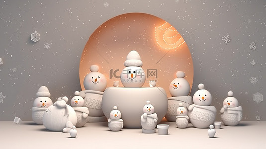 雪人主题讲台的 3D 渲染与圣诞快乐装饰展示