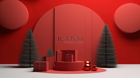 新年快乐背景图片_以松树礼物和红色背景 3D 渲染为特色的节日圣诞节场景