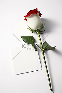 一张我爱你的卡片，放在玫瑰旁边的白色表面上