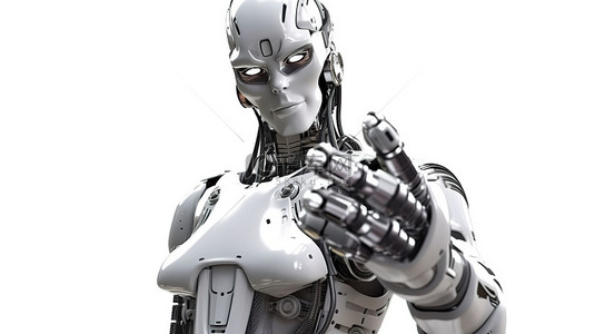 女性机器人或机器人在白色背景下竖起大拇指