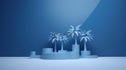 节日几何海报背景图片_蓝色的节日 3D 讲台，配有抽象棕榈树和圣诞信息的复制空间