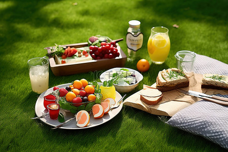 水果蔬菜和沙拉配面包在草地上野餐