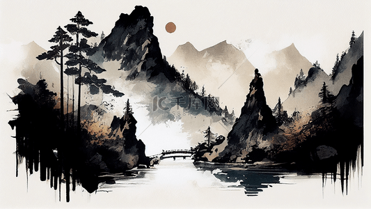 插画山背景图片_山水插画中国风格背景