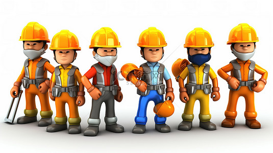 卡通风格描绘了一群穿着安全背心戴着安全帽的建筑工人一起勤奋地工作