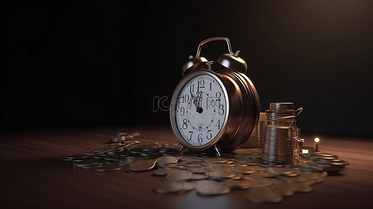 截止日期纳税时间提醒具有硬币省钱功能的闹钟的 3D 渲染