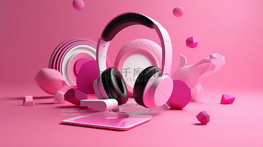 粉红色背景中 3d 耳机和音乐播放器中的音乐可视化