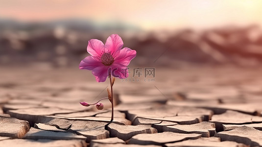 干旱土地上粉红色花朵的 3D 渲染，背景中树木模糊无叶
