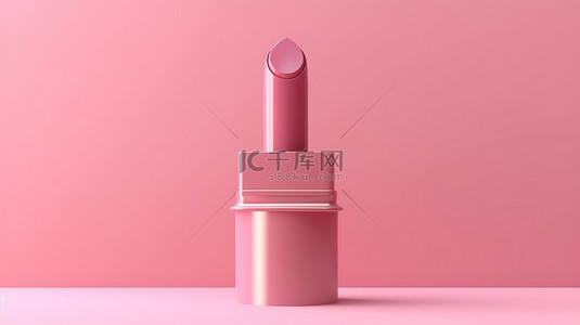 口红包装模型的 3D 渲染显示在粉红色底座上，背景是粉红色抽象图形