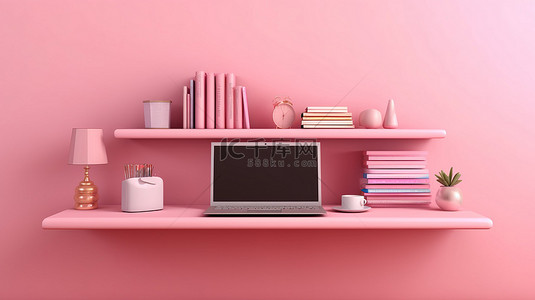带笔记本电脑的粉红色架子背景的 3d 插图