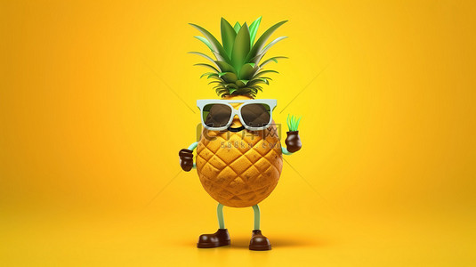 一个欢快的菠萝嬉皮士卡通人物在阳光明媚的黄色背景下打着 3D 篮球