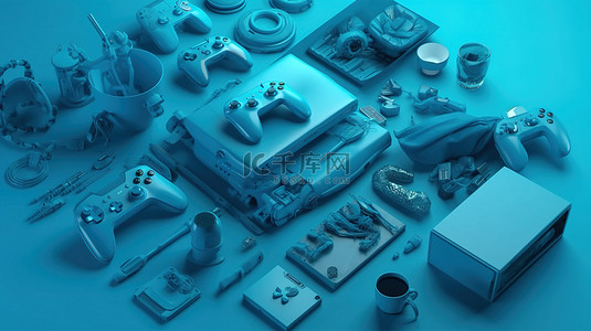 蓝色的桌子上排列着视频游戏控件