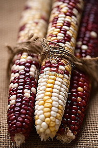 几片玉米的特写，沿其长度用粗麻布绑着