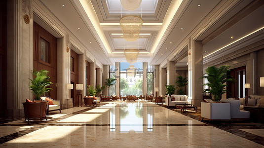 酒店背景图片_豪华酒店大堂内部的 3D 渲染