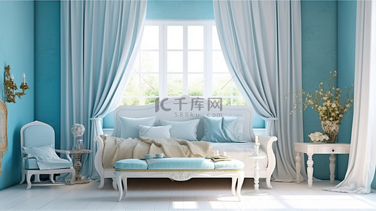 迷人的普罗旺斯风格卧室，配有舒适的沙发床和窗边的桌子 3D 渲染白色家具与蓝色墙壁