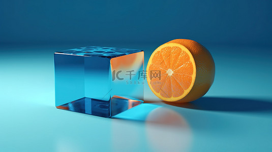 一半山一半海背景图片_蓝色表面上以 3d 形式描绘的橙色立方体的一半
